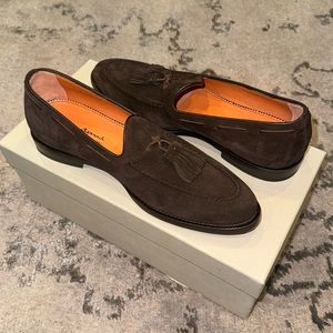 Santoni brown suede tasseled loafer